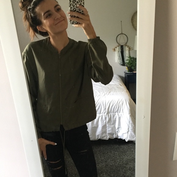 Olive Green Bomber Zip up Jacket - Picture 4 of 8